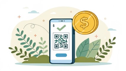 Poster - A smartphone displaying a QR code with a checkmark, surrounded by greenery and a digital coin, symbolizing mobile payments and financial technology.
