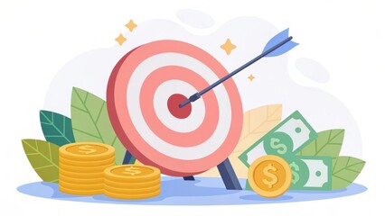 Poster - Target with an arrow, money, and coins, symbolizing financial goals and success in a colorful, stylized illustration.