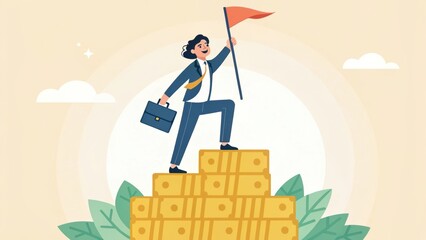 Poster - A confident businessperson stands atop a stack of money, raising a flag in a triumphant pose, symbolizing success and achievement.