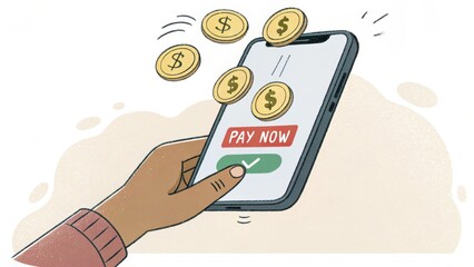 Poster - A hand holds a smartphone displaying a payment interface, with animated coins suggesting a transaction in progress.