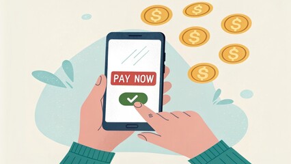 Poster - A person making an online payment using a smartphone, with coins symbolizing transactions in the background.