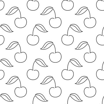 Cherry fruit seamless pattern. Single line illustration. Line art Cherry. One line Cherry texture. Vector Outline fruit isolated on white background. Textile, fabric, texture design