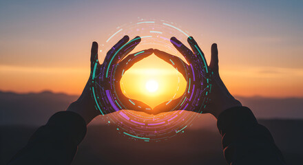 Poster - Person Holding Digital Circle During Sunset with Vibrant Orange Sky and Mountain Silhouette in a Landscape View