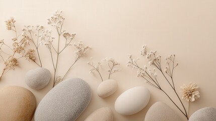 Poster - elegant abstract design featuring stones and dried flowers set against a beige background.