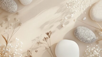 Poster - elegant abstract design featuring stones and dried flowers set against a beige background.