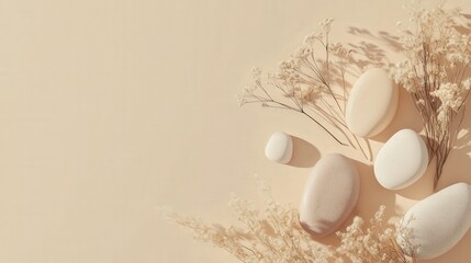 Poster - elegant abstract design showcasing a composition of stones and dry flowers on a neutral beige background.