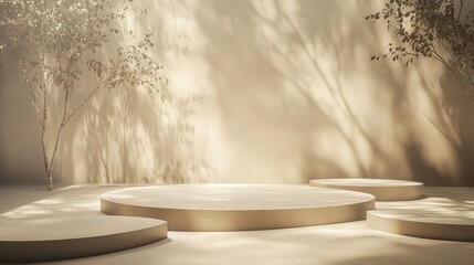 Poster - empty stage with beige tones and circular podiums, complemented by soft tree leaf shadows, creating a nature-inspired minimalist display.