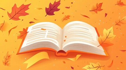 Leinwandbilder - orange banner stretches across an open book with autumn leaves falling around it, creating a warm and cheerful scene.