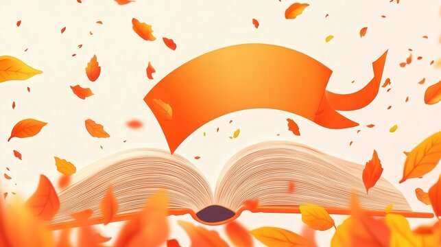 orange banner stretches across an open book with autumn leaves falling around it, creating a warm and cheerful scene.