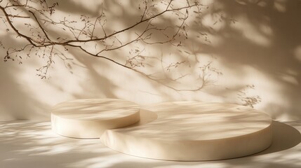 Poster - Beige background with circular podiums bathed in soft, natural tree leaf shadows. A perfect minimal stage for showcasing beauty products or packaging.
