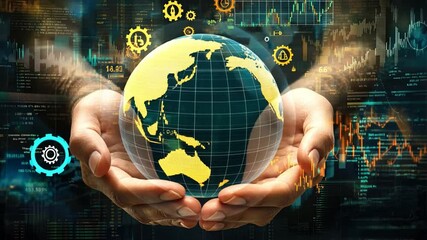 Poster - Captivating Concept of Global Connectivity and Technology, Hands Holding a Digital Globe with Data and Analytics Symbols in a Futuristic Environment