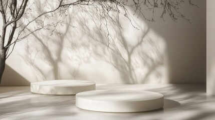 Poster - Circular podiums placed on a clean beige stage with soft, abstract tree leaf shadows, offering a refined setting for product packaging displays.