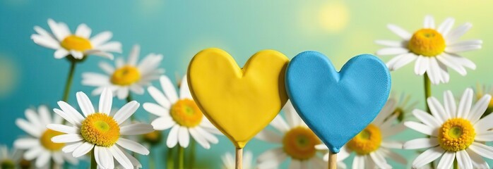 Wall Mural - Two yellow and blue hearts on a flowers daisy background. Beautiful, romantic background, Valentine's Day and greeting cards. Romantic messages. Heart symbolizing love