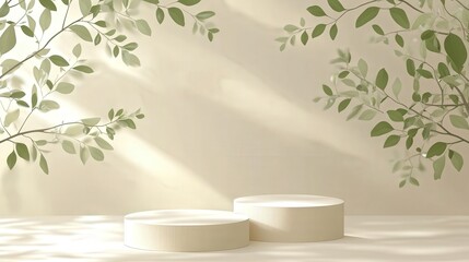 Poster - Clean and simple design with round podiums on a beige stage. The soft shadows of tree leaves add a natural, elegant touch for product mockups
