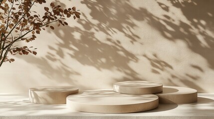 Poster - Clean and simple design with round podiums on a beige stage. The soft shadows of tree leaves add a natural, elegant touch for product mockups
