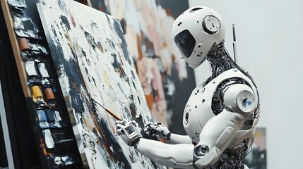 Aufkleber - A robot painter creating a masterpiece on a digital canvas, pixels transforming into reality, cinematic AI creativity