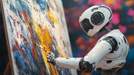 Aufkleber - A robot painter creating a masterpiece on a digital canvas, pixels transforming into reality, cinematic AI creativity