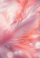 Poster - A close-up of soft pink feathers, their delicate texture and shimmering colors creating an enchantment in the air. The background is blurred with bokeh lights to highlight the feather details.