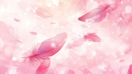 Poster - Pink background with feathers floating in the air, creating an atmosphere of lightness and dreaminess. This design is suitable for use as a wallpaper or screen, adding a touch of elegance to any space