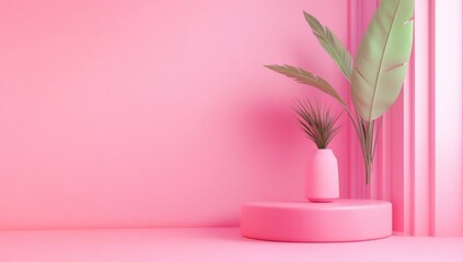 Poster - Minimal pink background with a podium for product presentation mock-up and display presentation. Pink podium pedestal, green palm leaf in a vase on a pink wall background