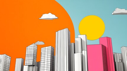 Poster - Geometric Cityscape Illustration with Orange and Blue Sky