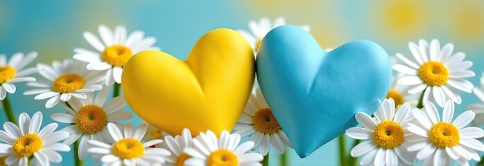 Wall Mural - Two yellow and blue hearts on a flowers daisy background. Beautiful, romantic background, Valentine's Day and greeting cards. Romantic messages. Heart symbolizing love
