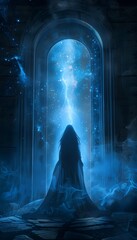 Aufkleber - A mystical queen standing before a gateway of pure light, preparing to step into the unknown as her gown shifts between dimensions