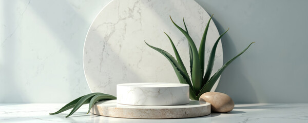 Poster - Minimal product display podium with aloe vera plant. Round stage with marble texture. Product showcase, presentation background with cosmetic, beauty product.