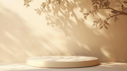 Poster - Elegant pedestal design with an empty stage and soft tree shadow accents on a beige backdrop. Ideal for minimalist cosmetic packaging presentations.