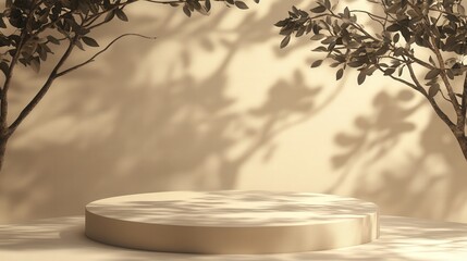 Poster - Elegant pedestal design with an empty stage and soft tree shadow accents on a beige backdrop. Ideal for minimalist cosmetic packaging presentations.