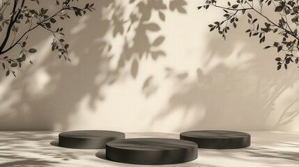 Poster - Empty stage with circular podiums on a neutral beige background. Tree leaf shadows add a natural and sophisticated touch, ideal for cosmetic product displays