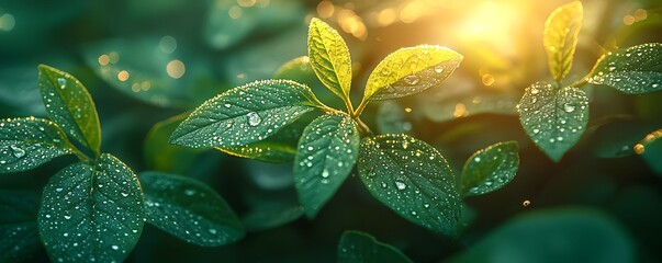 Poster - Glimmering dew drops on fresh green leaves