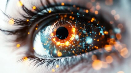 Poster - Digital Eye: Captivating close-up of an eye, ablaze with digital particles, showcasing a futuristic vision of technology merging with human perception and imagination