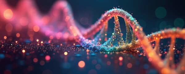 Leinwandbilder - Colorful DNA strand visualization in 4K hyperrealistic photo. Scientific data shown in futuristic tech visual. Digital representation of deoxyribonucleic acid conveys concept of science technology