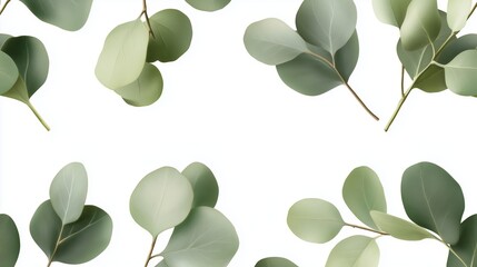 Poster - green eucalyptus leaves scattered on a clean white background for natural decor or design projects