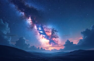 Wall Mural - night landscape with starry sky, milky way galaxy in the background. summer night at hill. universe,