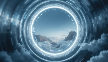 Poster - Futuristic digital portal experience mountainous landscape digital art cloudy sky wide-angle view conceptual visualization