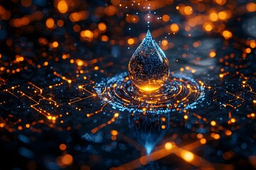 Aufkleber - a glowing blue digital droplet icon on a futuristic dashboard