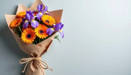 Poster -  A bouquet of flowers with purple and orange sunflowers in a brown paper bag. The flowers are tied with a bow at the top, hanging on a gray wall.