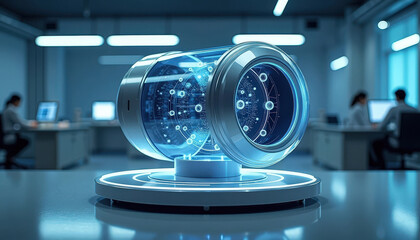 Aufkleber - A high-tech laboratory setting with futuristic, illuminated components resembling advanced machinery or equipment.