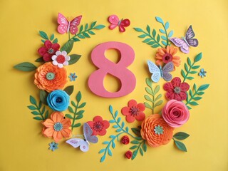Poster -  A vibrant birthday card with a large number '8' at the center, surrounded by colorful flowers and butterflies.