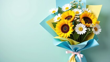 Aufkleber -  A bouquet of sunflowers is presented in a vibrant blue envelope with a white ribbon. The flowers are bright yellow, with some having brown centers.