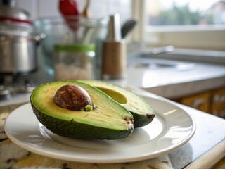 Aufkleber -  Two avocados with green skin sitting on white plate on countertop.