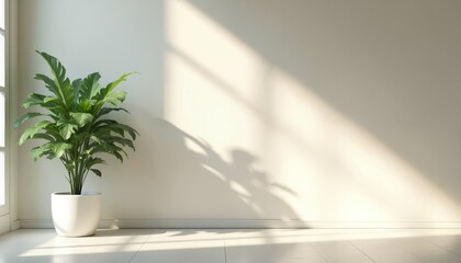 Aufkleber - Modern interior with potted plant against white wall. Sunlight casts shadow, creating minimalist composition. Empty room, stylish decor, home design concept.