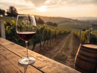 Poster -  A glass of red wine is being held by someone at a vineyard. The setting sun casts warm light over the landscape.