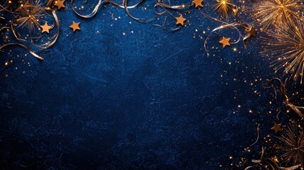 Poster - Radiant Fireworks Display Over Textured Dark Blue Background with Stars and Confetti for Celebration