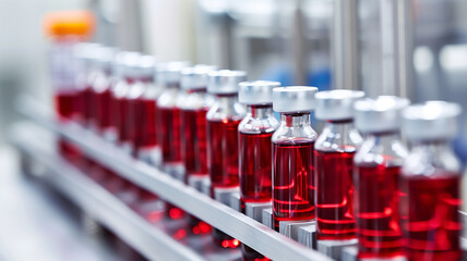 Aufkleber - This Vials of red synthetic blood are readied for medical use in a high-tech lab.