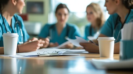 Poster - Dynamic shift change scene in hospital break room vibrant teamwork