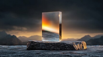 Poster - A glass box is sitting on a rock in front of a mountain range
