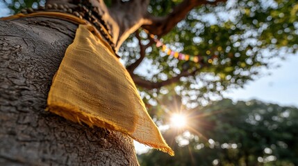 Aufkleber - A yellow cloth is tied to a tree branch
